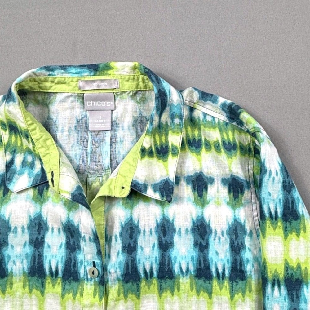 Chicos No‎ Iron 100% Linen Button Down Shirt Green Blue 3/4 Sleeve Size 1 S